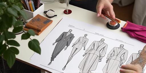 Croquis de design de mode sur un bureau de créateur.