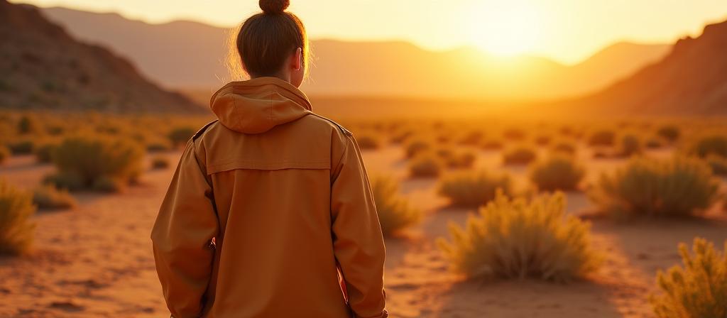 Veste utilitaire de couleur ocre portée dans un paysage ensoleillé.